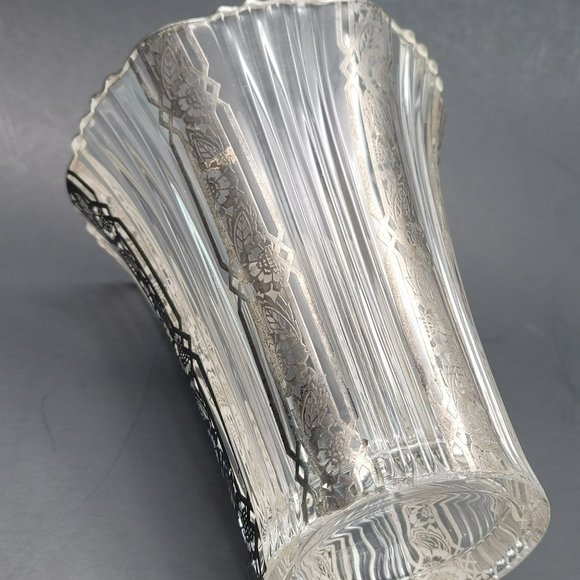 Silver Accented Fluted Glass Vase Vintage Hollywood Deco Style PR311 - Picture 9 of 13